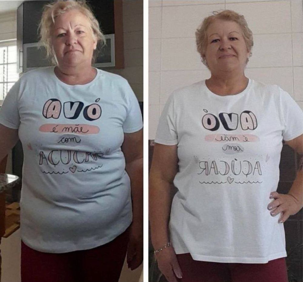 Aluna avó antes e depois, com a mesma camiseta mais folgada